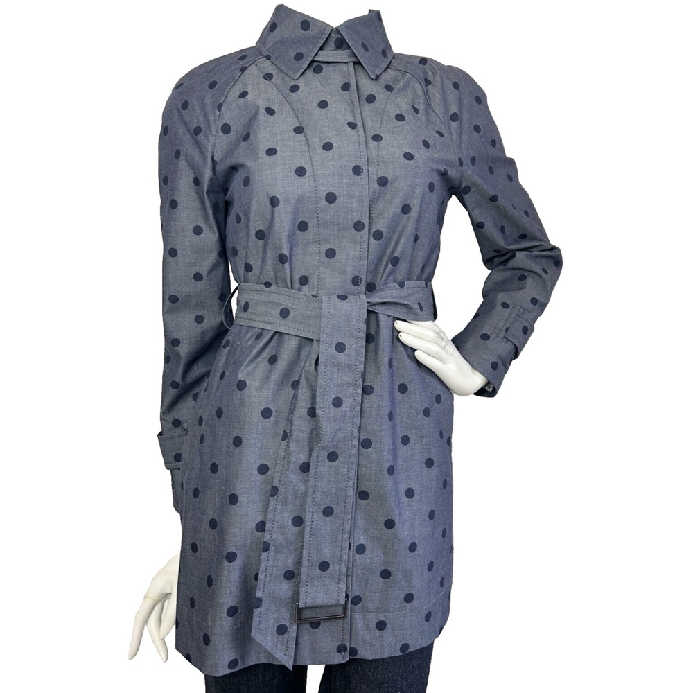 Banana Republic Polka Dot Trench Coat Water Resistant Belt Button Blue XS EUC - Picture 6 of 10